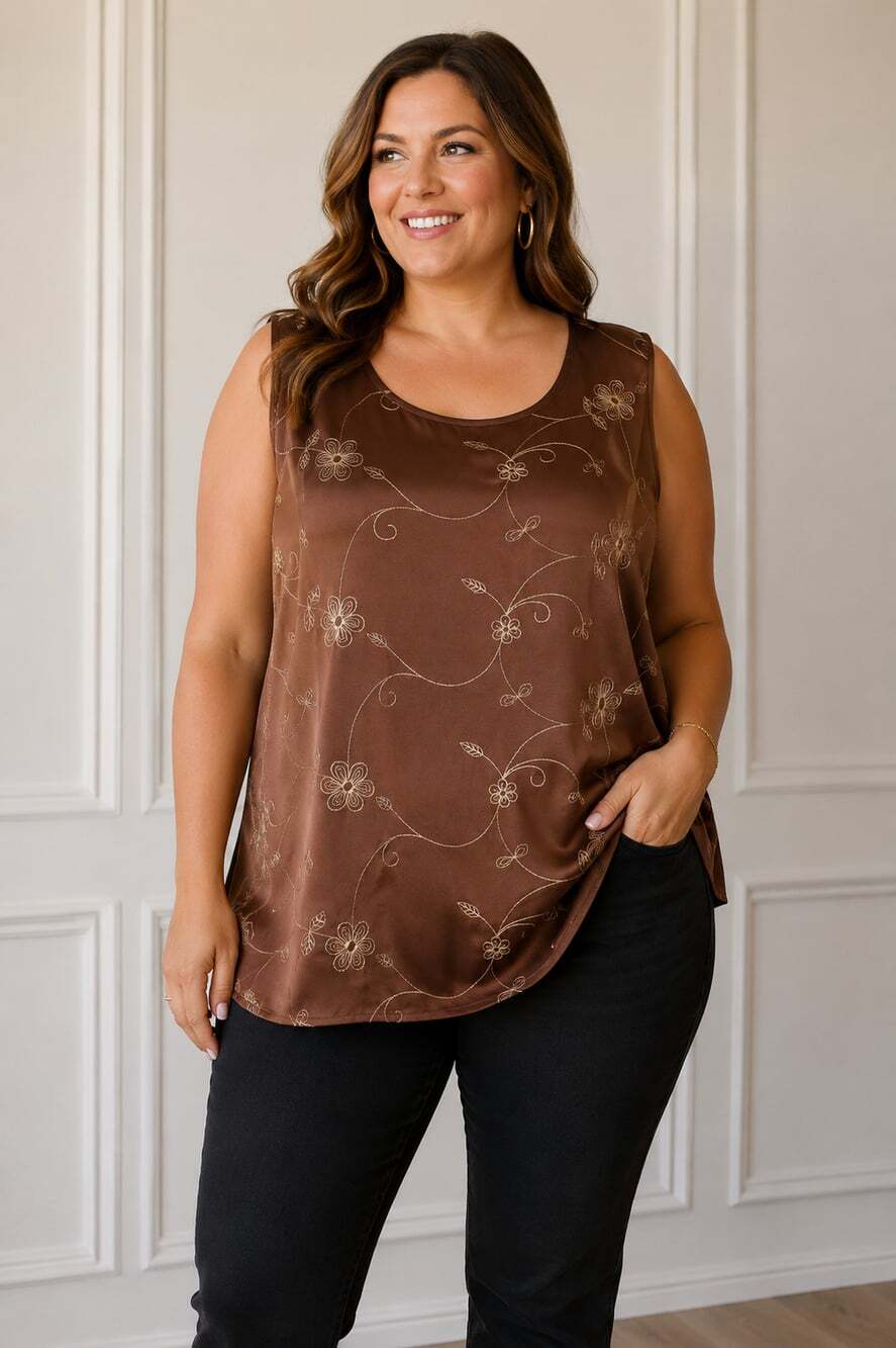 Maggie Sweet Women's 1X Plus Brown MagEmbroidered Blouse V-Neck Short Sleeve Top